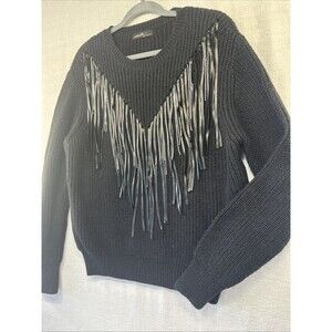 Black Sweater Womens L Funky Fringed Bling Faux Leather Cable Knit Biker Rock